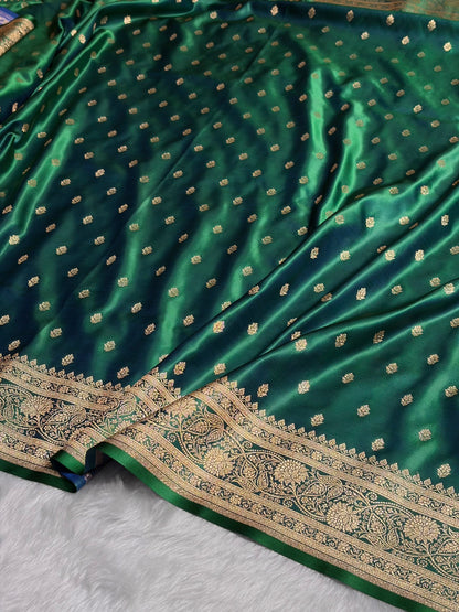 Cross Green Booti Pattern Satin Katan Silk Saree SK53