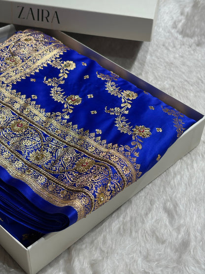 Banarasi Satin Katan Saree With Ari Zardozi Work Jaal Pattern in Royal Blue Shades BSK121