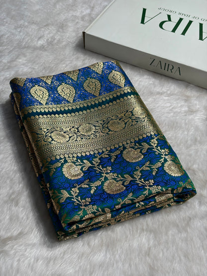 Bottle Green With Royal Blue Tanchoi Satin Katan Silk Saree SKTM-05