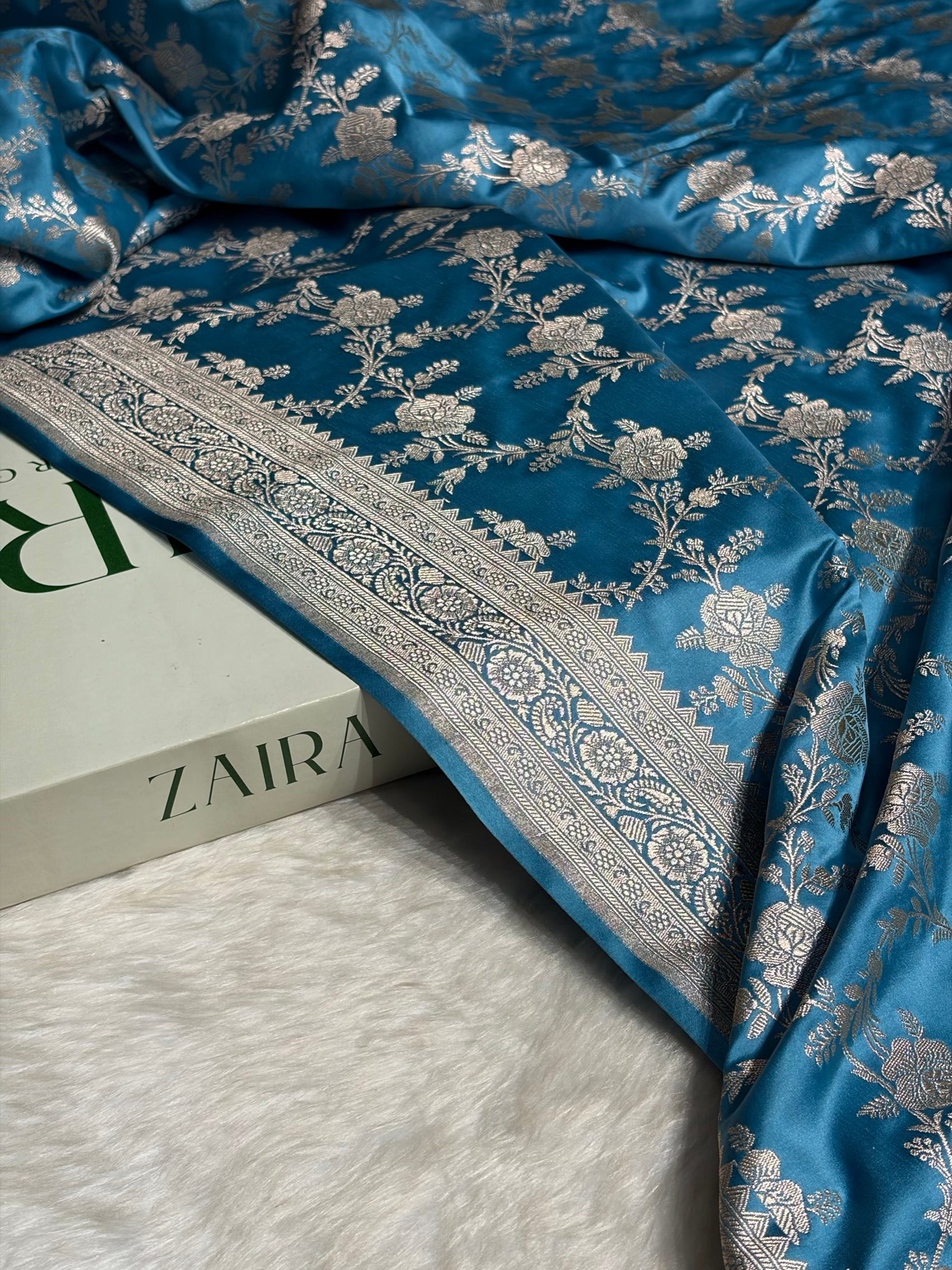 Sky Blue Floral Jaal Mashru Silk Saree  MS28