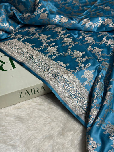 Sky Blue Floral Jaal Mashru Silk Saree  MCS28