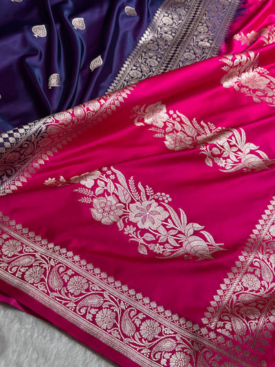 Contrast Banarasi Satin Katan Saree Booti Pattern in Purple / Rani Shades SK140