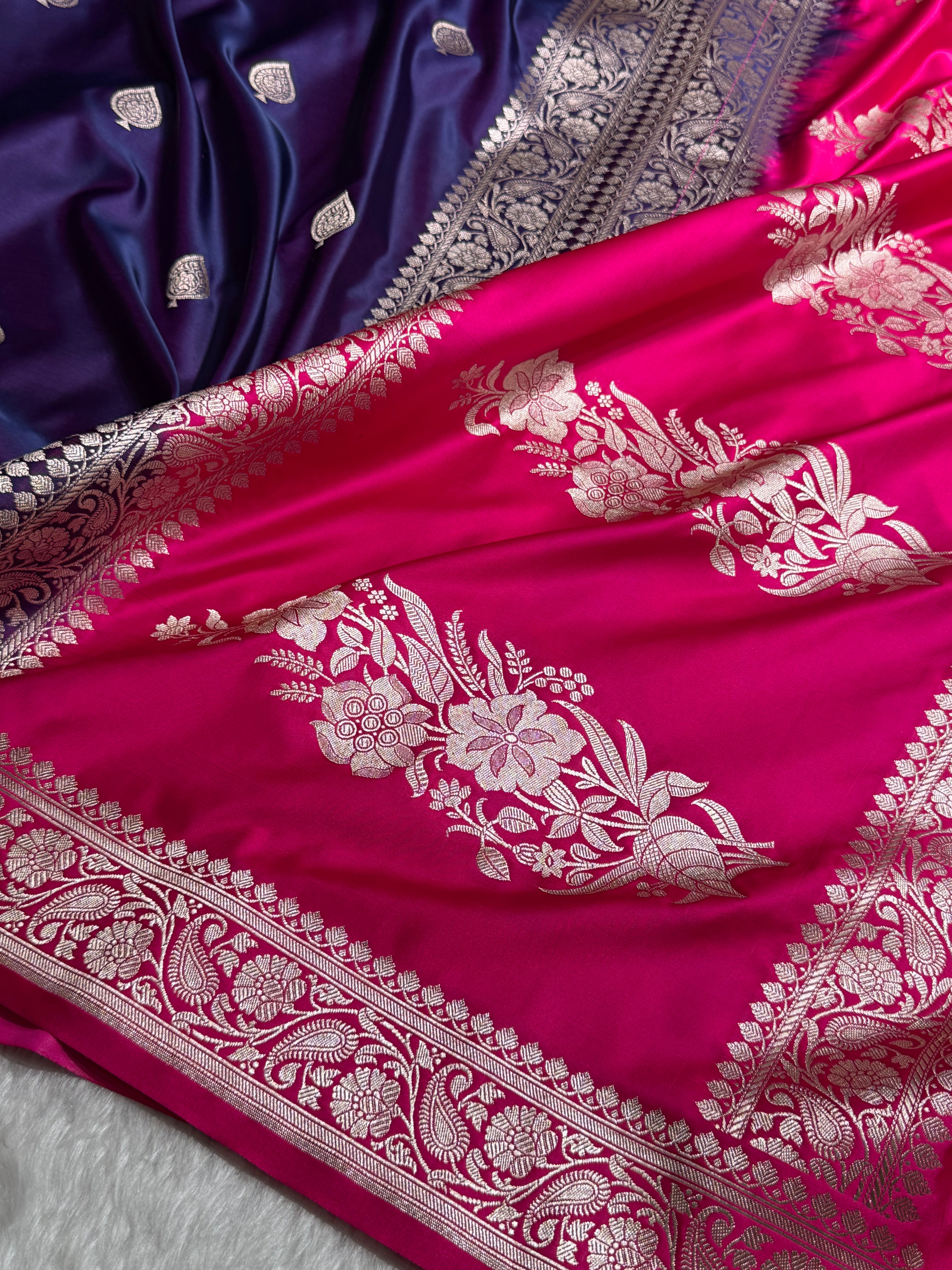 Contrast Banarasi Satin Katan Saree Booti Pattern in Purple / Rani Shades SK140