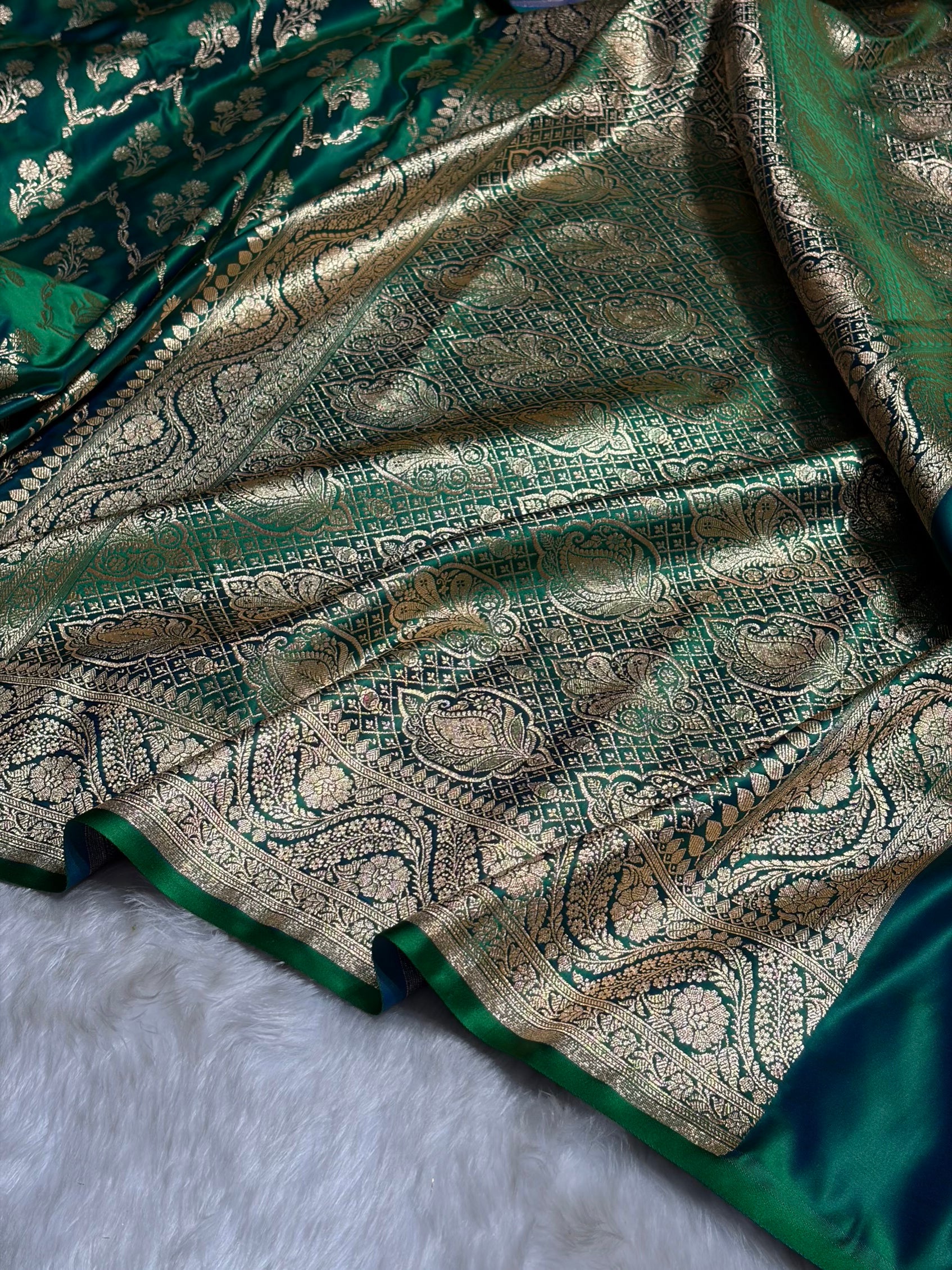 Green Cross with Boota Pattern Satin Katan Silk Saree SK67