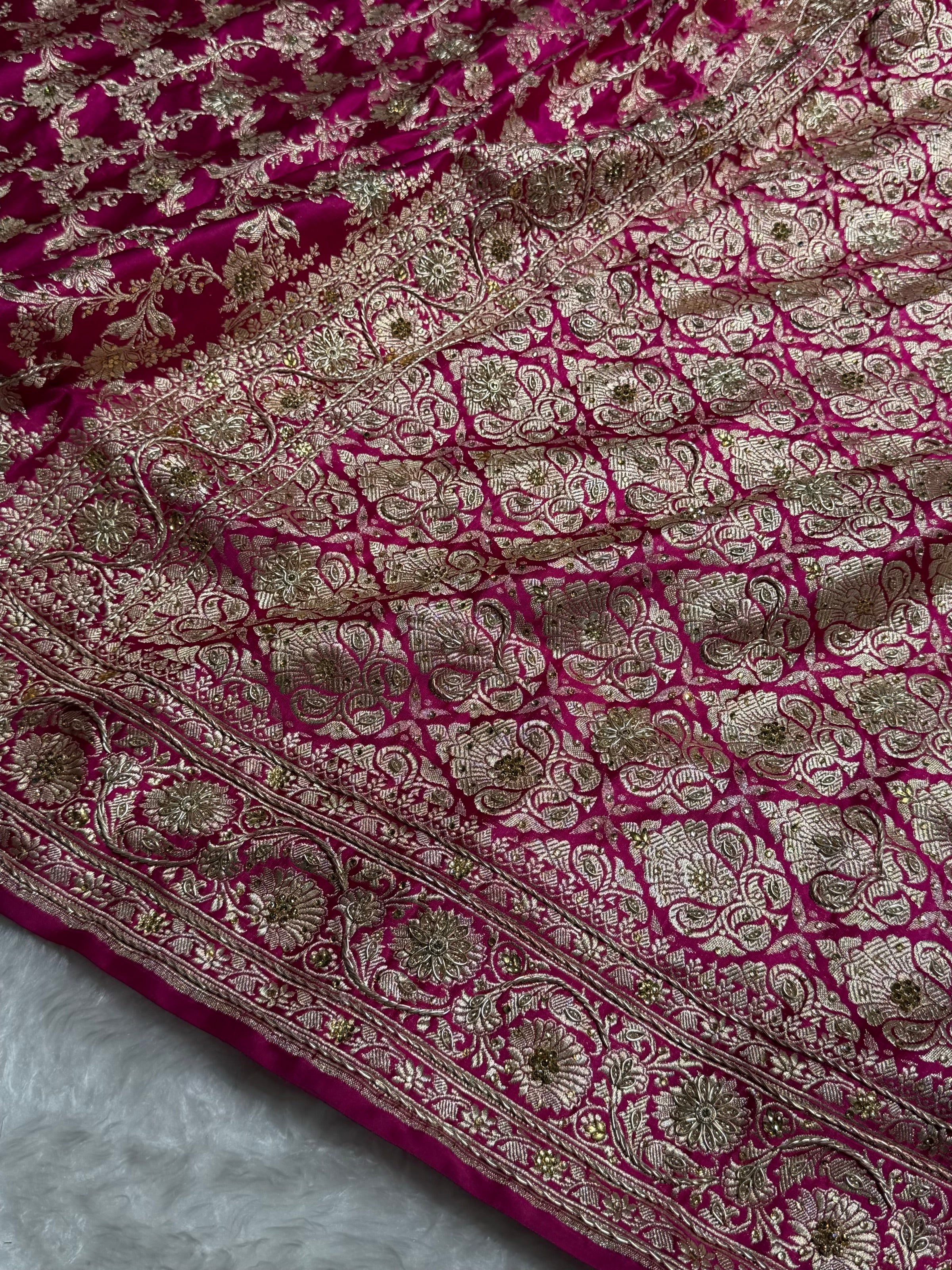 Pure Handloom Bridal Rani Katan Silk Banarasi Saree with Zardozy, Ari and Stone work PBSK01