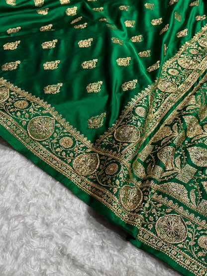 Banarasi Satin Katan Saree With Aari Zardozi Work Boota in Bottle Green Shades BSK98