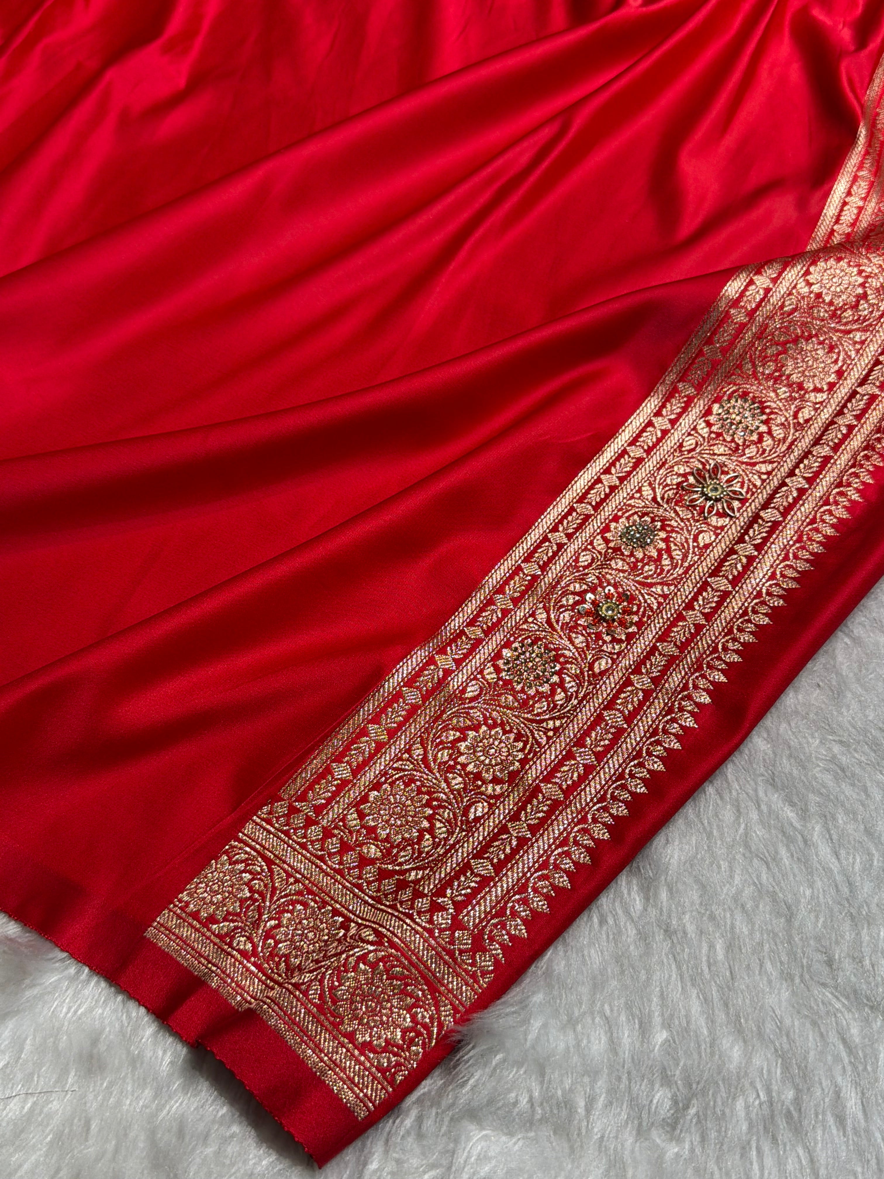 Mustard with Red Boota With Swarovski & Zardozi Work Satin Katan Silk saree BSK27