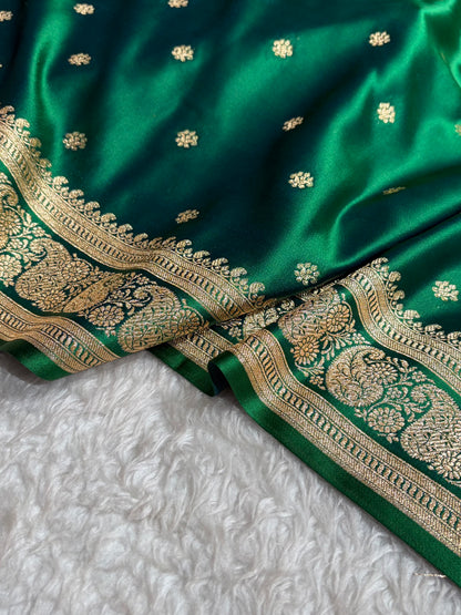 Banarasi Satin Katan Saree With Boota Pattern in Cross Green Shades SK127