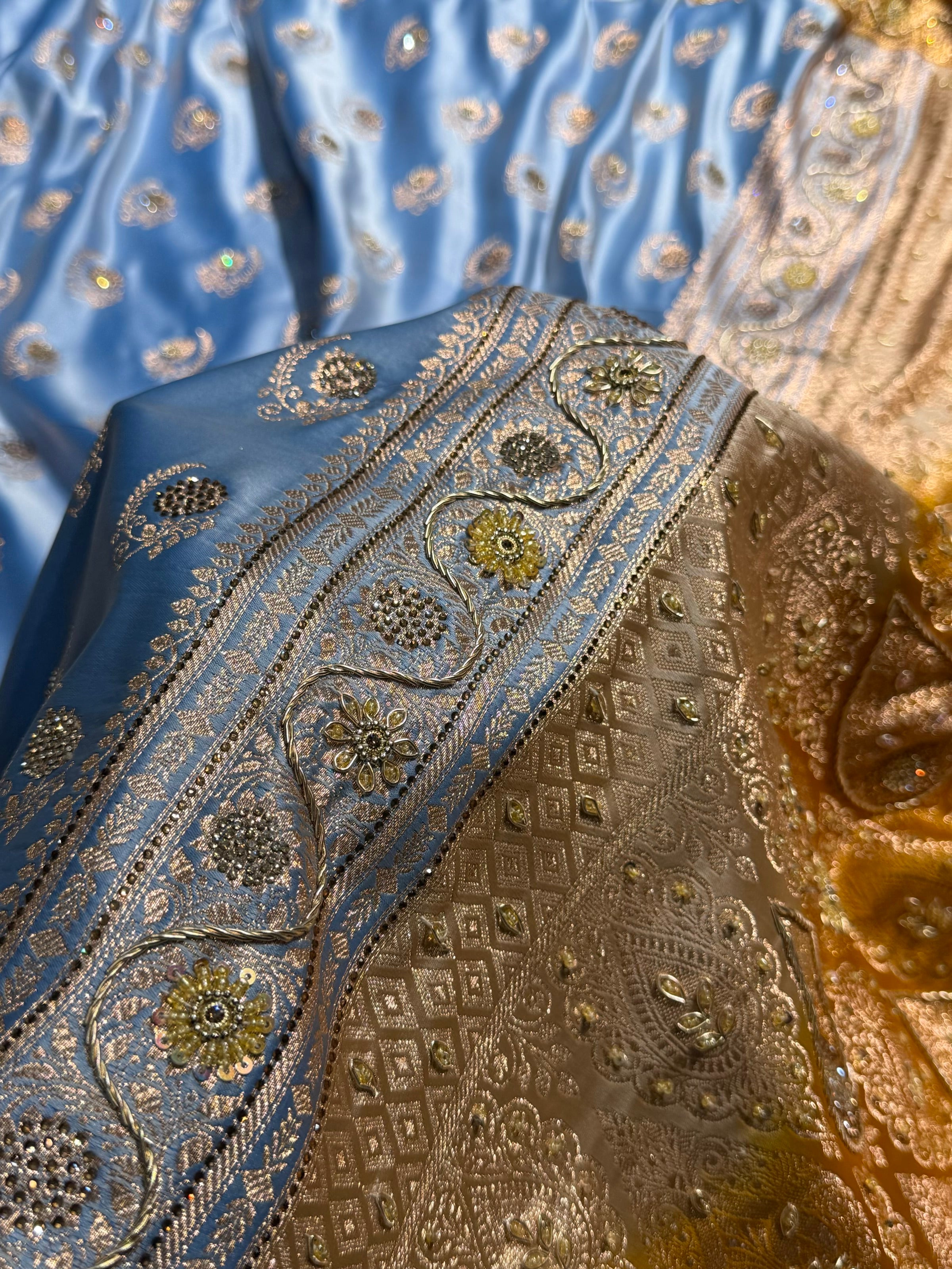 Sky Blue with Mustard Floral Boota With Swarovski & Zardozi Work Satin Katan Silk saree BSK27