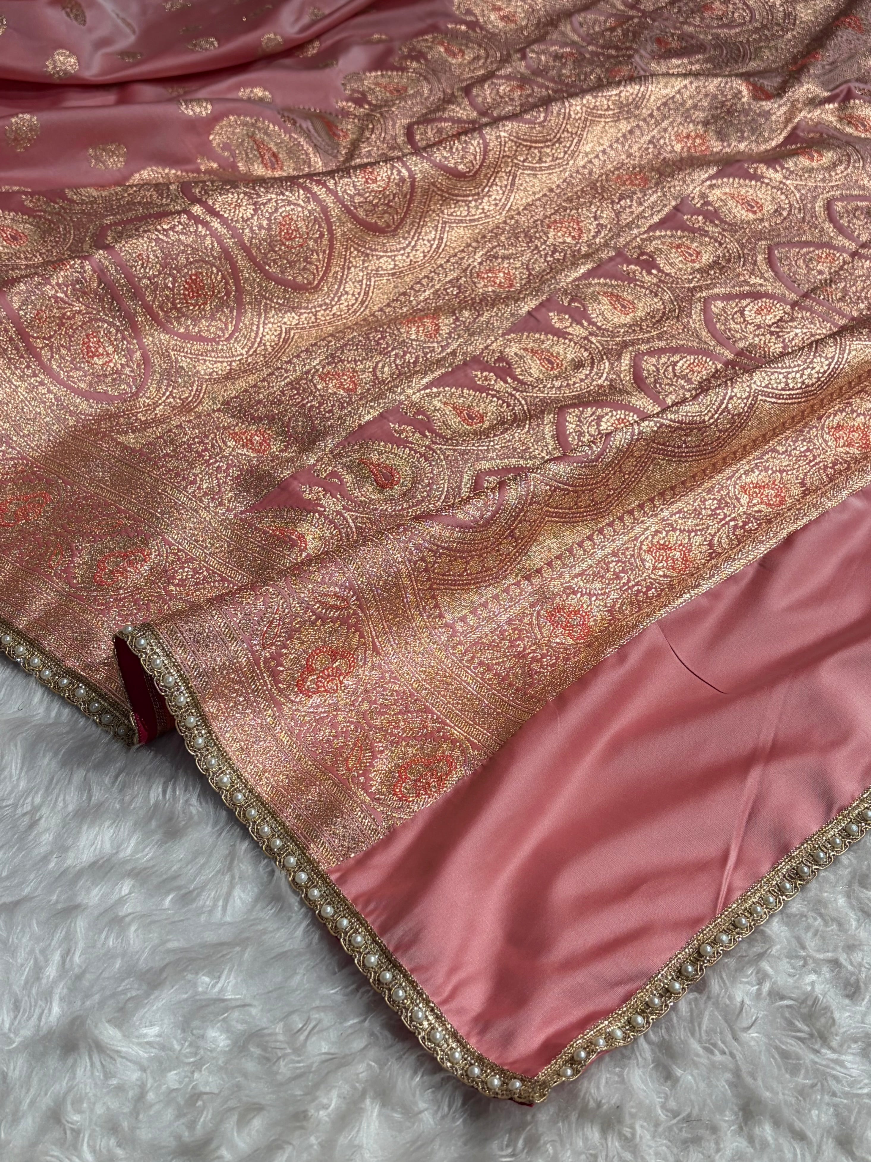 Floral boota Satin katan Silk Saree  With Gotta Patti In Baby Pink Shades SKGP12