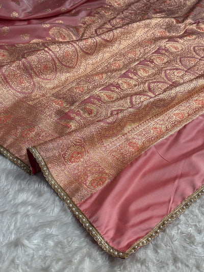 Floral boota Satin katan Silk Saree  With Gotta Patti In Baby Pink Shades SKGP12