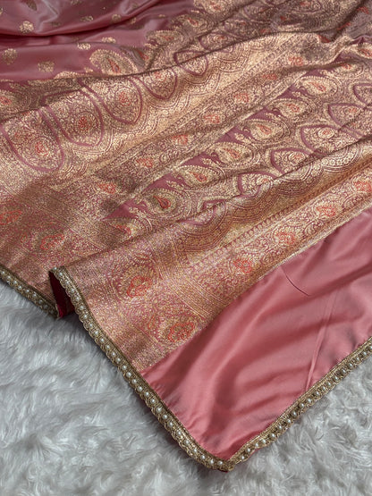 Floral boota Satin katan Silk Saree  With Gotta Patti In Baby Pink Shades SKGP12