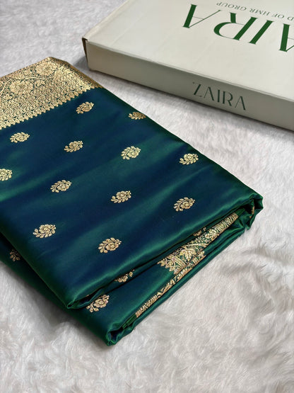 Cross Green Floral Boota Pattern Satin Katan Silk Saree SK72