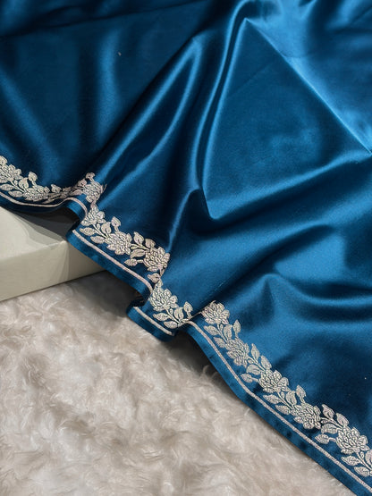 German Blue With Floral Border Mashru Silk Saree MS80