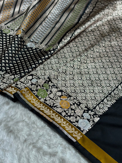 Banarasi Black Shades Floral Minakari Skirt Border Mashru Silk Saree MSM-83