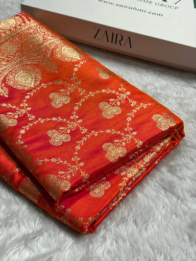 Satin Silk Saree Jaal in Pinkish Orange Shades SS23