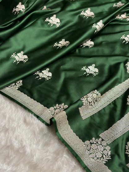 Banarasi Bottle Green Shades Floral Mashru Silk Saree MS87