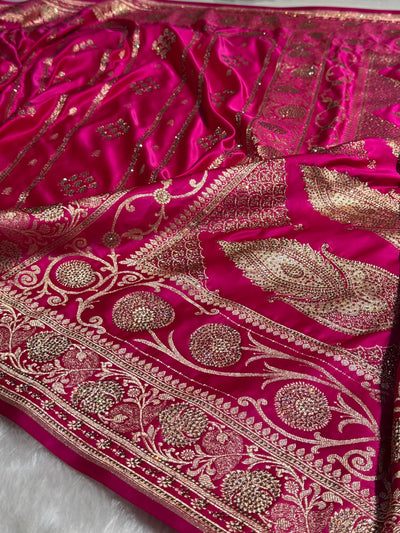 Rani Floral Boota Pattern With Bananas Swarovski Stone Work Satin Katan Silk saree BSK39