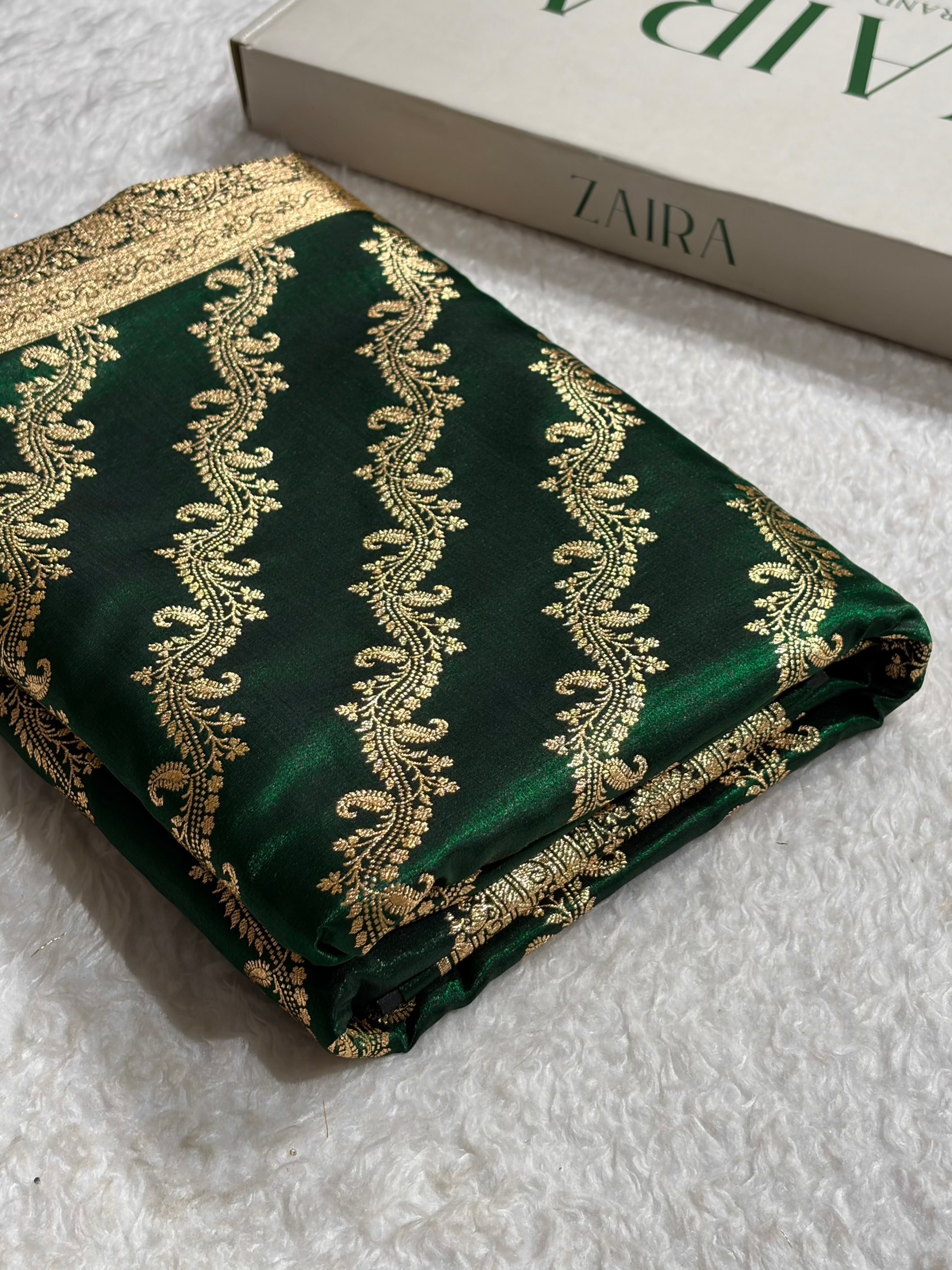 Bottle Green Shades Cross Pattern Banarasi Satin Silk Saree SS39