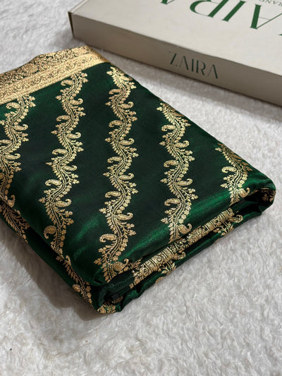 Bottle Green Shades Cross Pattern Banarasi Satin Silk Saree SS39