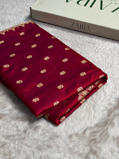 Magentic Red Floral Pattern Satin Katan Silk Saree SK76