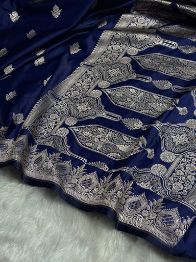 Navy Blue Floral Boota With Floral Border Mashru Silk Saree MSM-80