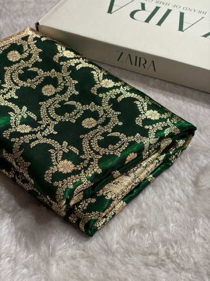 Bottle Green Contrast Shades Jaal Pattern Banarasi Satin Silk Saree SS47