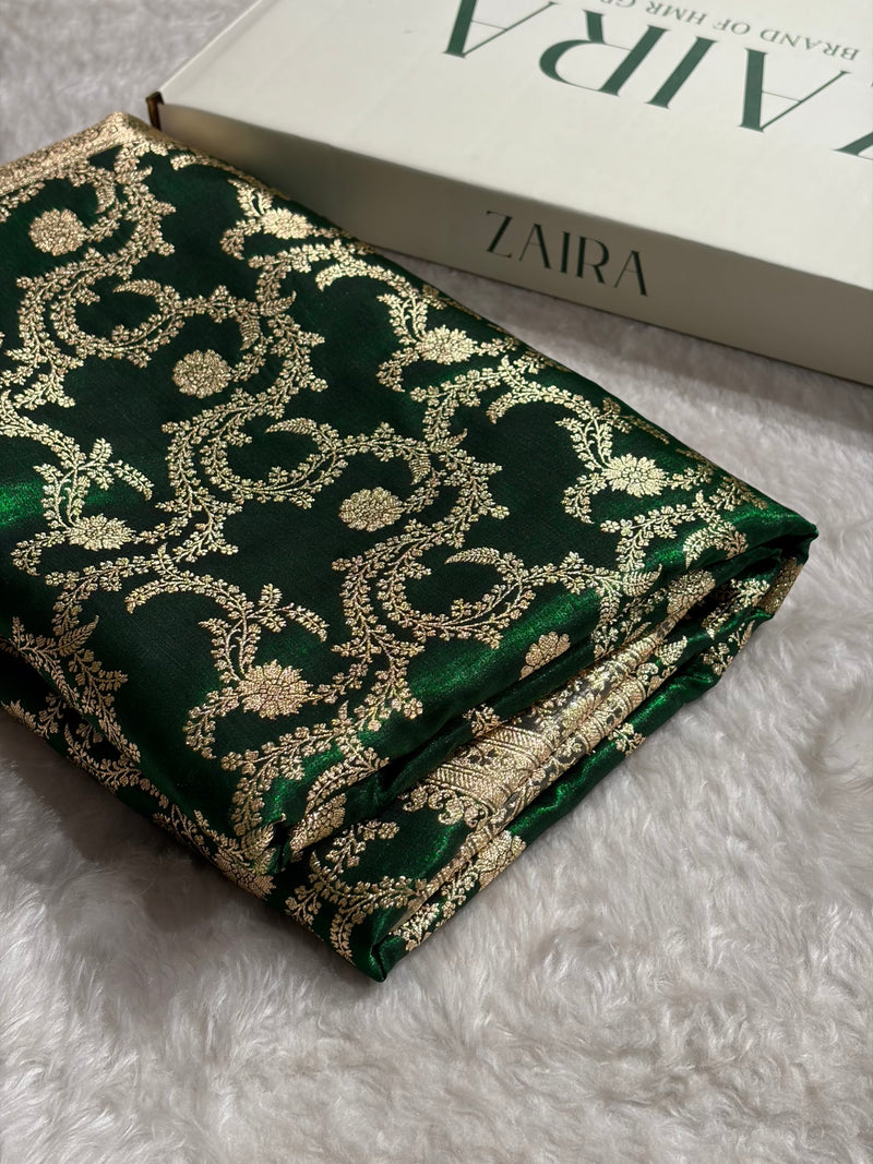 Bottle Green Contrast Shades Jaal Pattern Banarasi Satin Silk Saree SS47