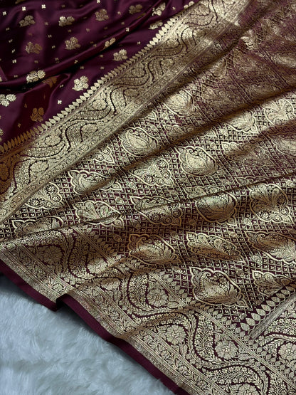 Garnet Floral Unique Boota Pattern Satin Katan Silk Saree SK73