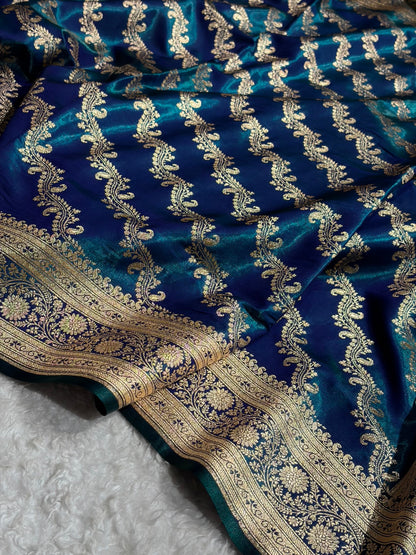 Peacock Shades Cross Pattern Banarasi Satin Silk Saree SS39