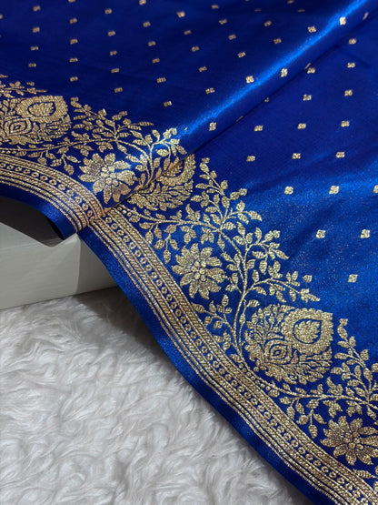 Satin Silk Saree Floral Boota in Royal Blue Shades SS28