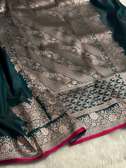 Dark Peacock Shades Floral Border Mashru Silk Saree