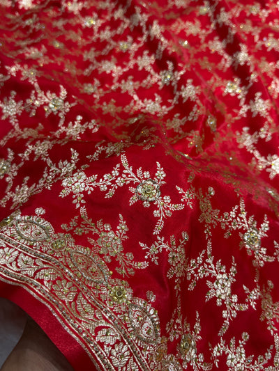 Bridal Red Jaal with Ari and Stone with brocade Blouse