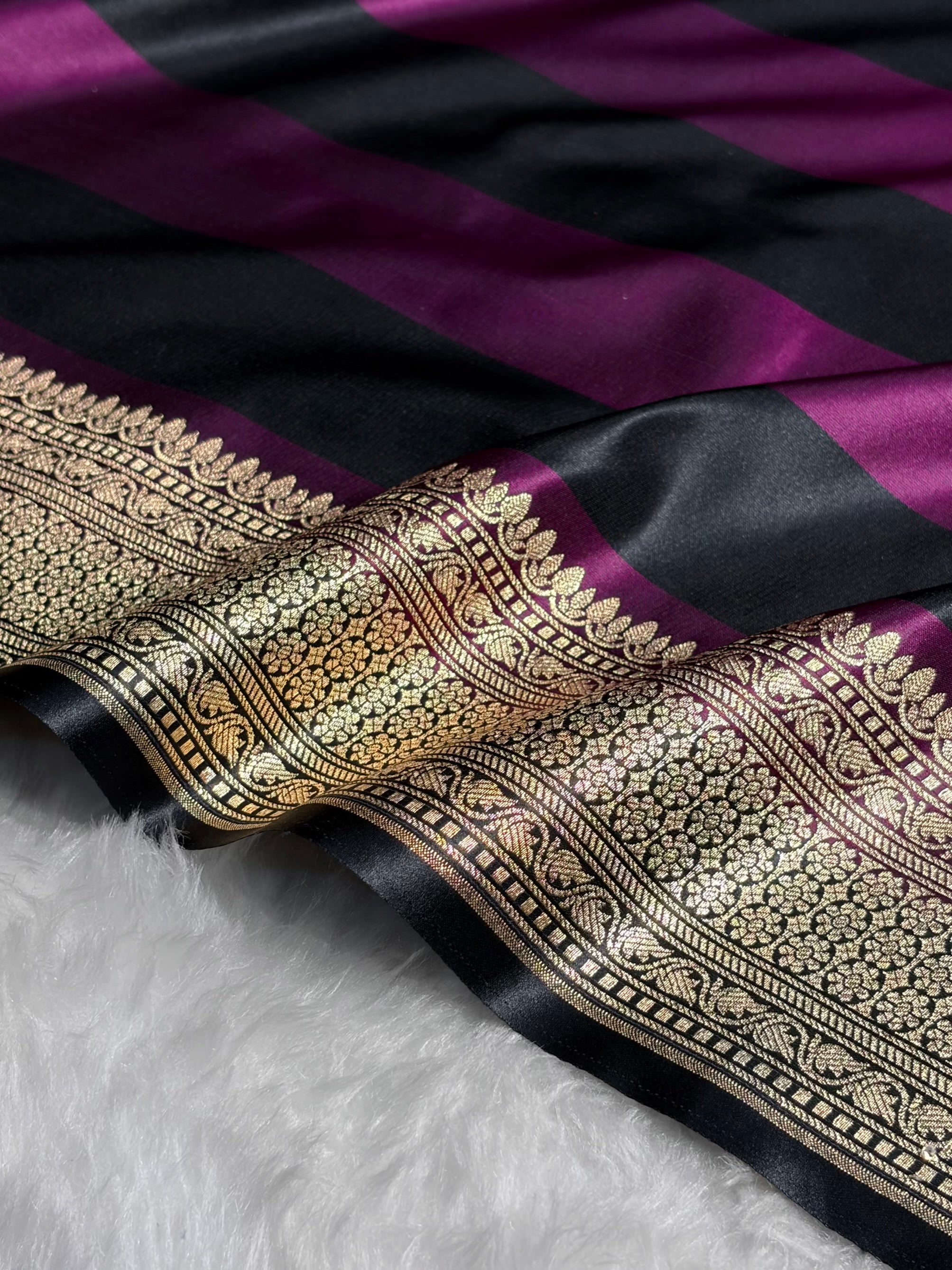 Wine With Black Horizontal Strips Floral Border & Brocket Blouse Mashru Silk Saree MSM-84