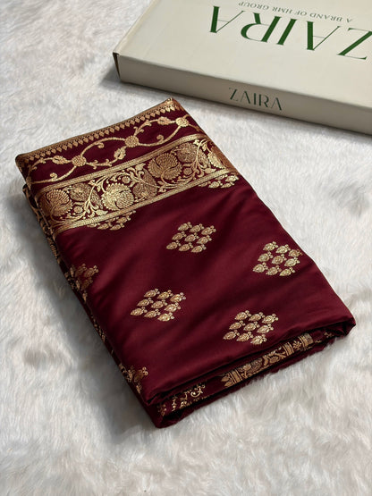 Garnet Floral Boota Satin Katan Silk saree SK34