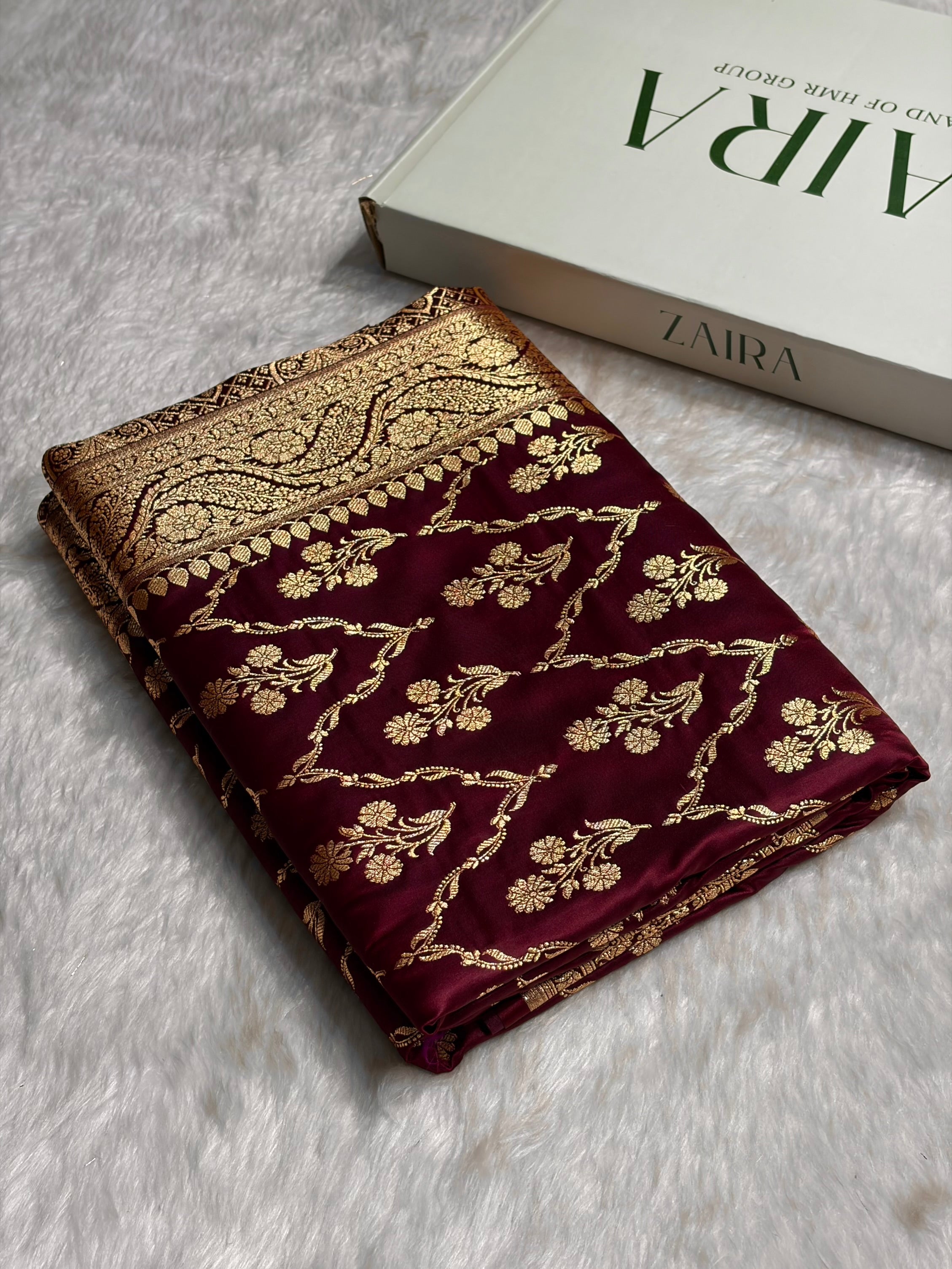 Garnet Cross with Boota Pattern Satin Katan Silk Saree SK67