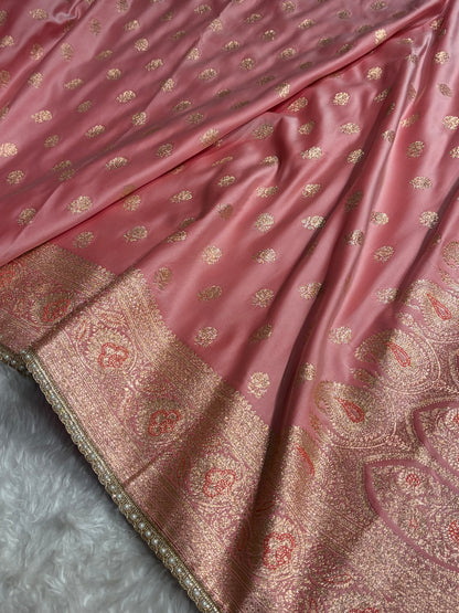 Floral boota Satin katan Silk Saree  With Gotta Patti In Baby Pink Shades SKGP12