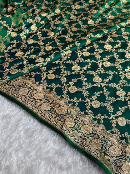 Cross Green Shades Jaal Floral Pattern Satin Katan Silk Saree SK80