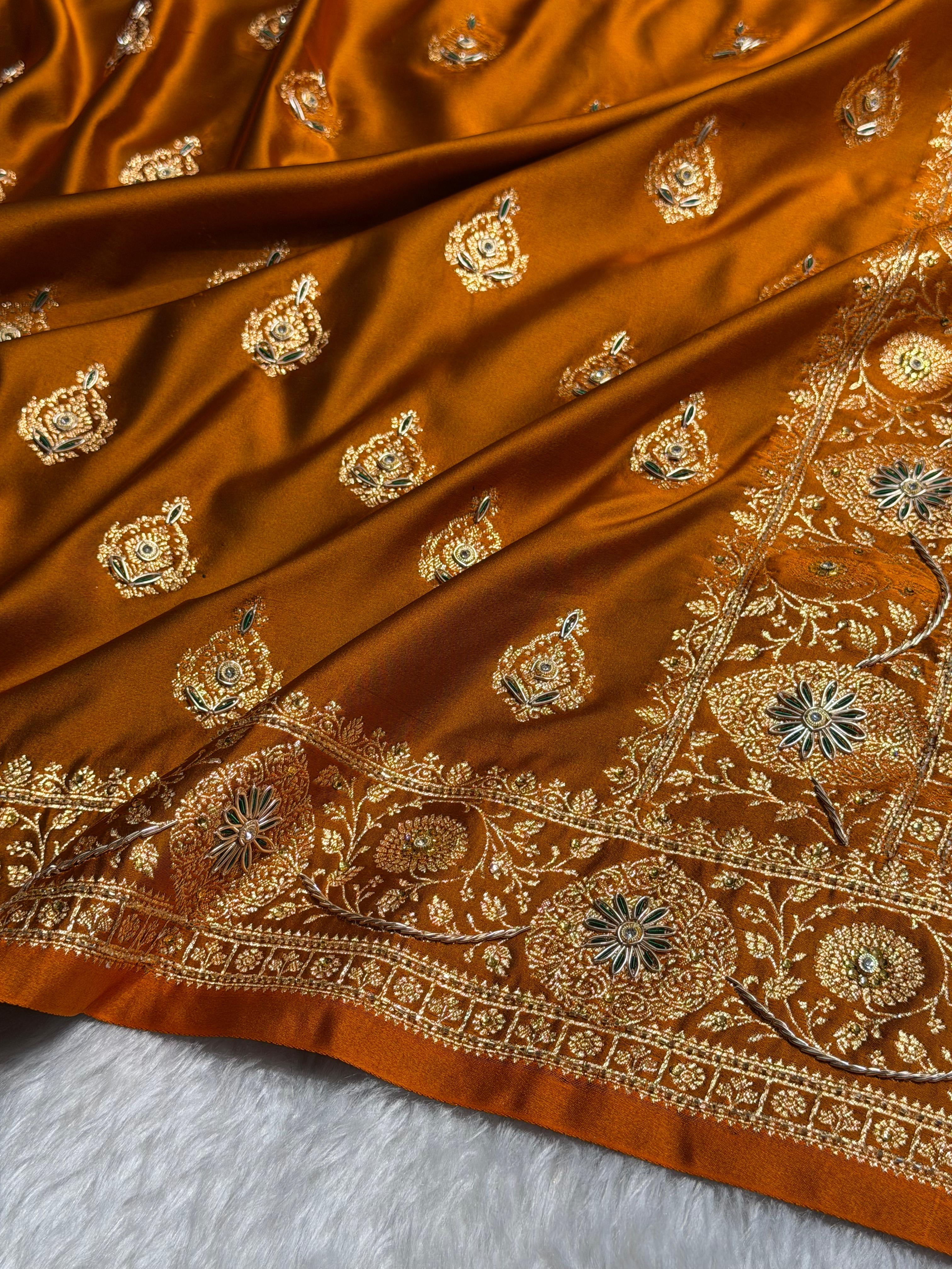Banarasi Satin Katan Saree With Aari Zardozi Work Boota in Rust Shades BSK98