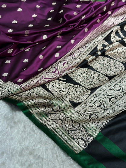 Banarasi Cross Wine With Contrast Black Floral Border Mashru Silk Saree MSM-101