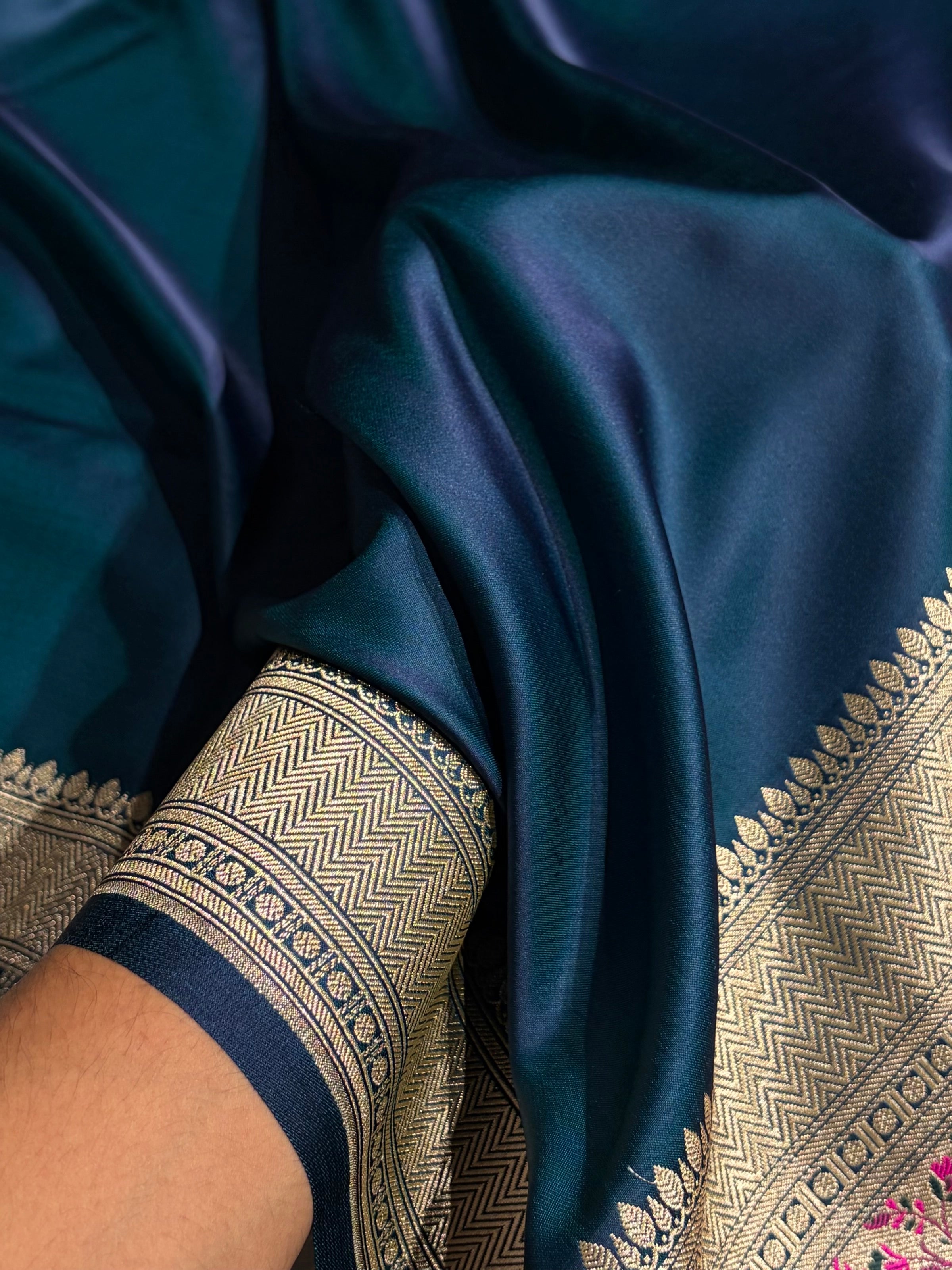 German Blue Shades Banarasi With Plain & Minakari Floral Border Mashru Silk Saree MSM-129