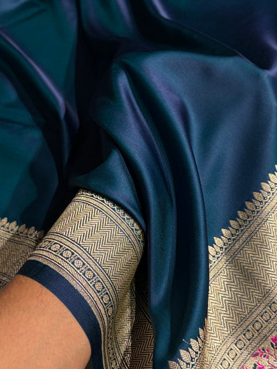 German Blue Shades Banarasi With Plain & Minakari Floral Border Mashru Silk Saree MSM-129