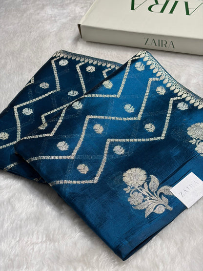 German Blue Meena Boota Caramel Silk Saree CS-03