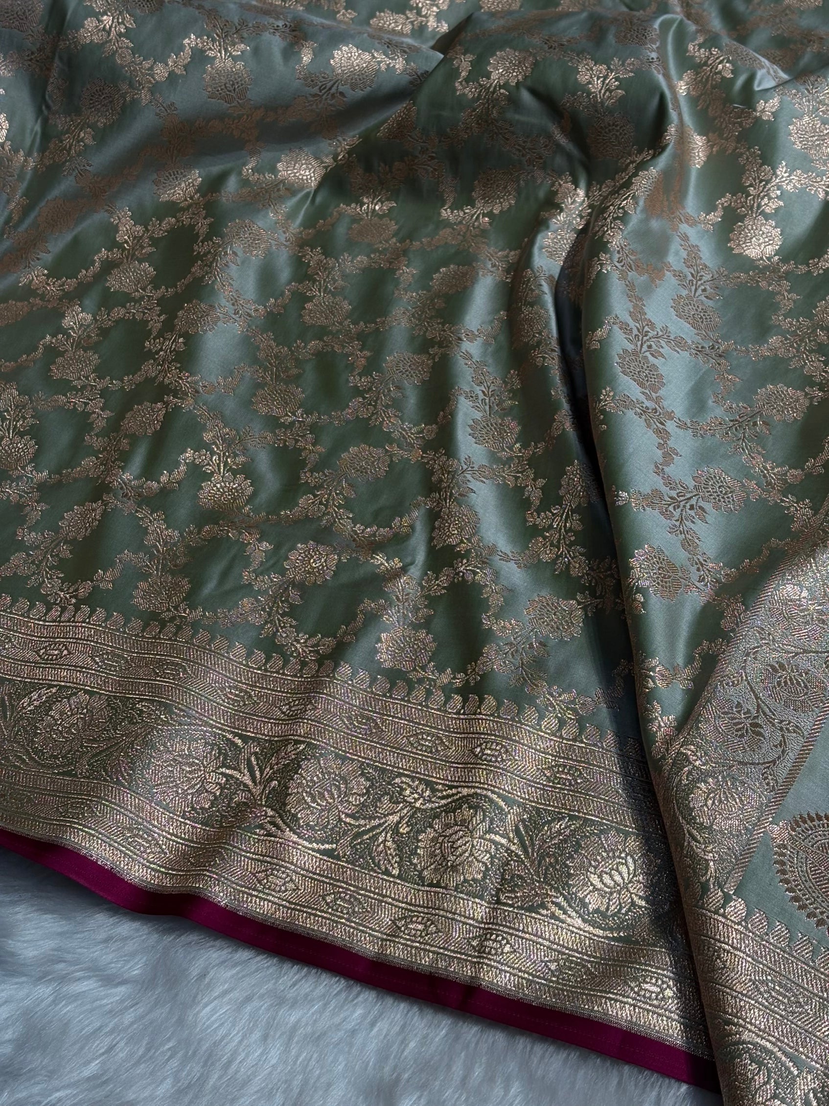 Light Green Jaal Pattern Satin Katan Silk Saree SK25