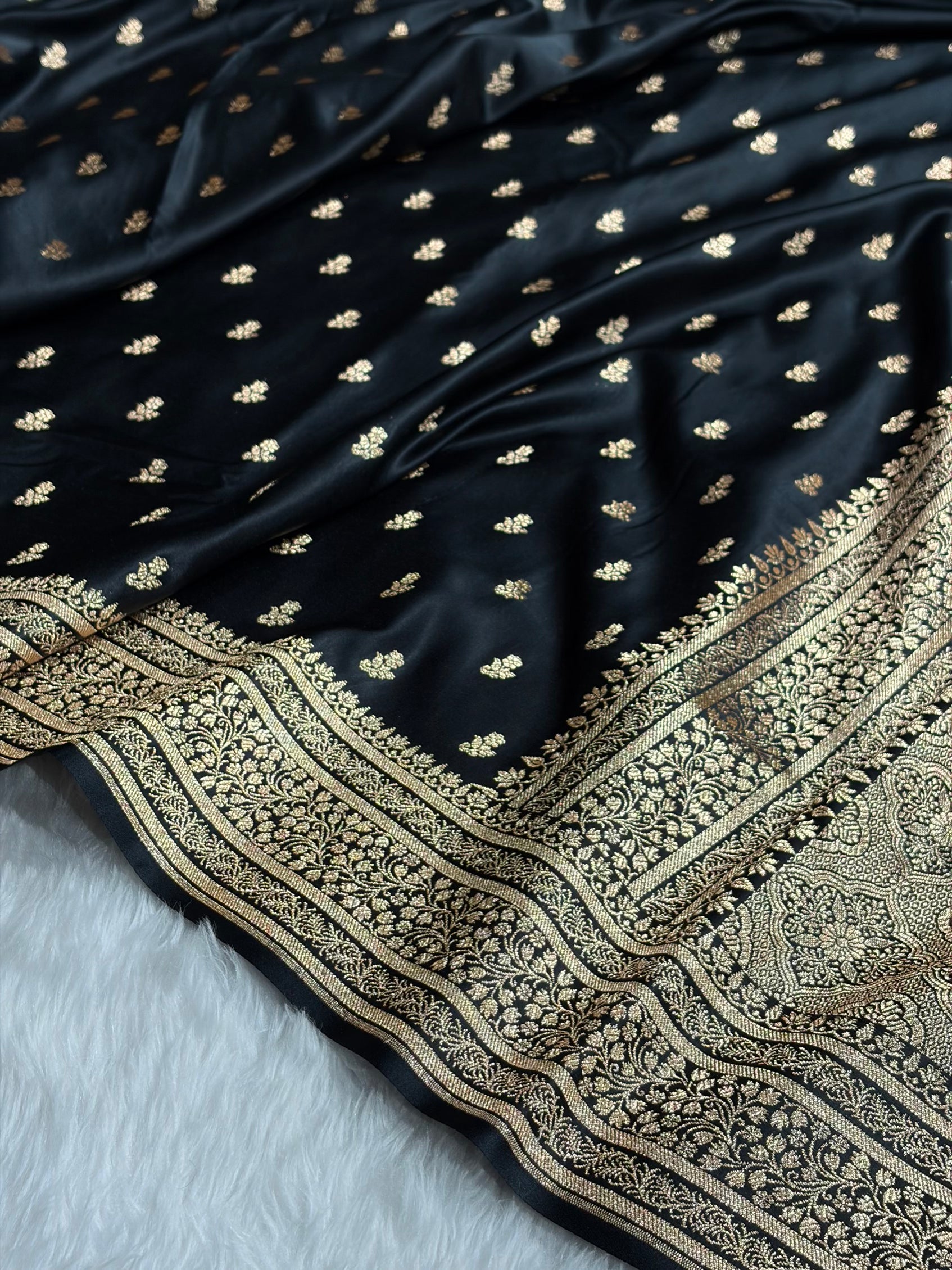 Banarasi Satin Katan Saree With Boota in Black Shades SK89