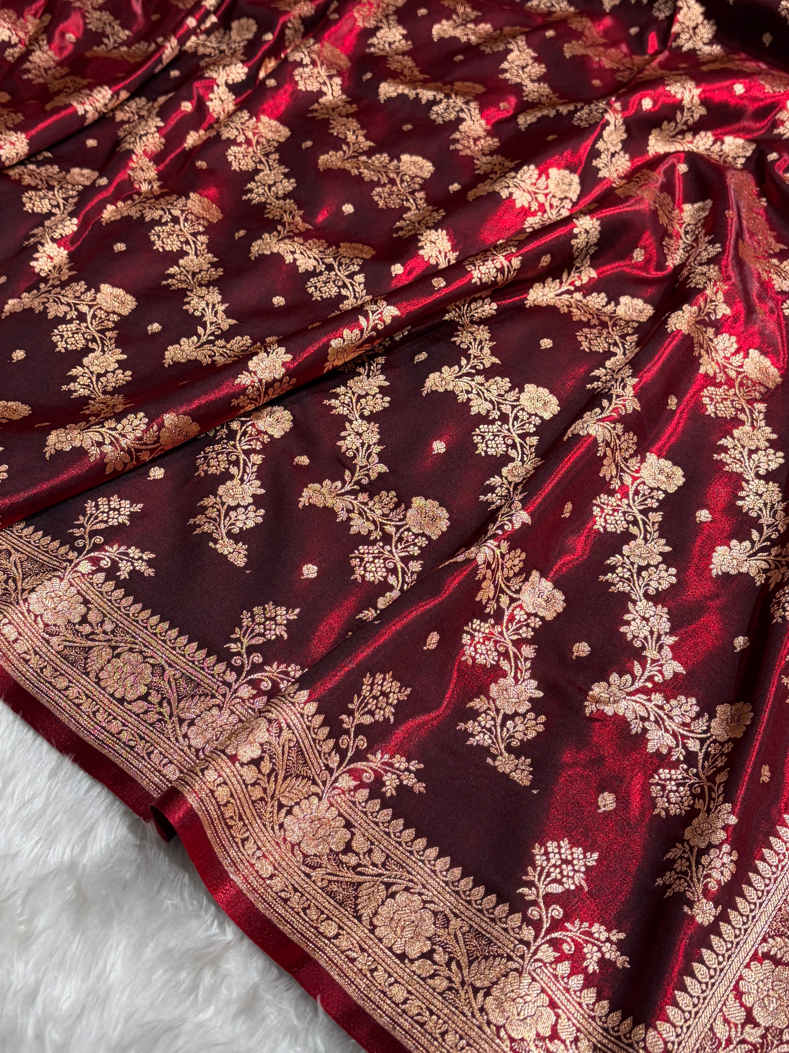 Satin Silk Saree Banarasi Cross with booti In Maroon Shades SS22