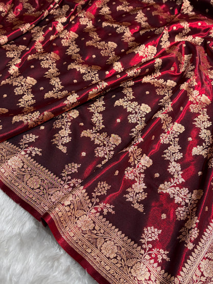 Satin Silk Saree Banarasi Cross with booti In Maroon Shades SS22