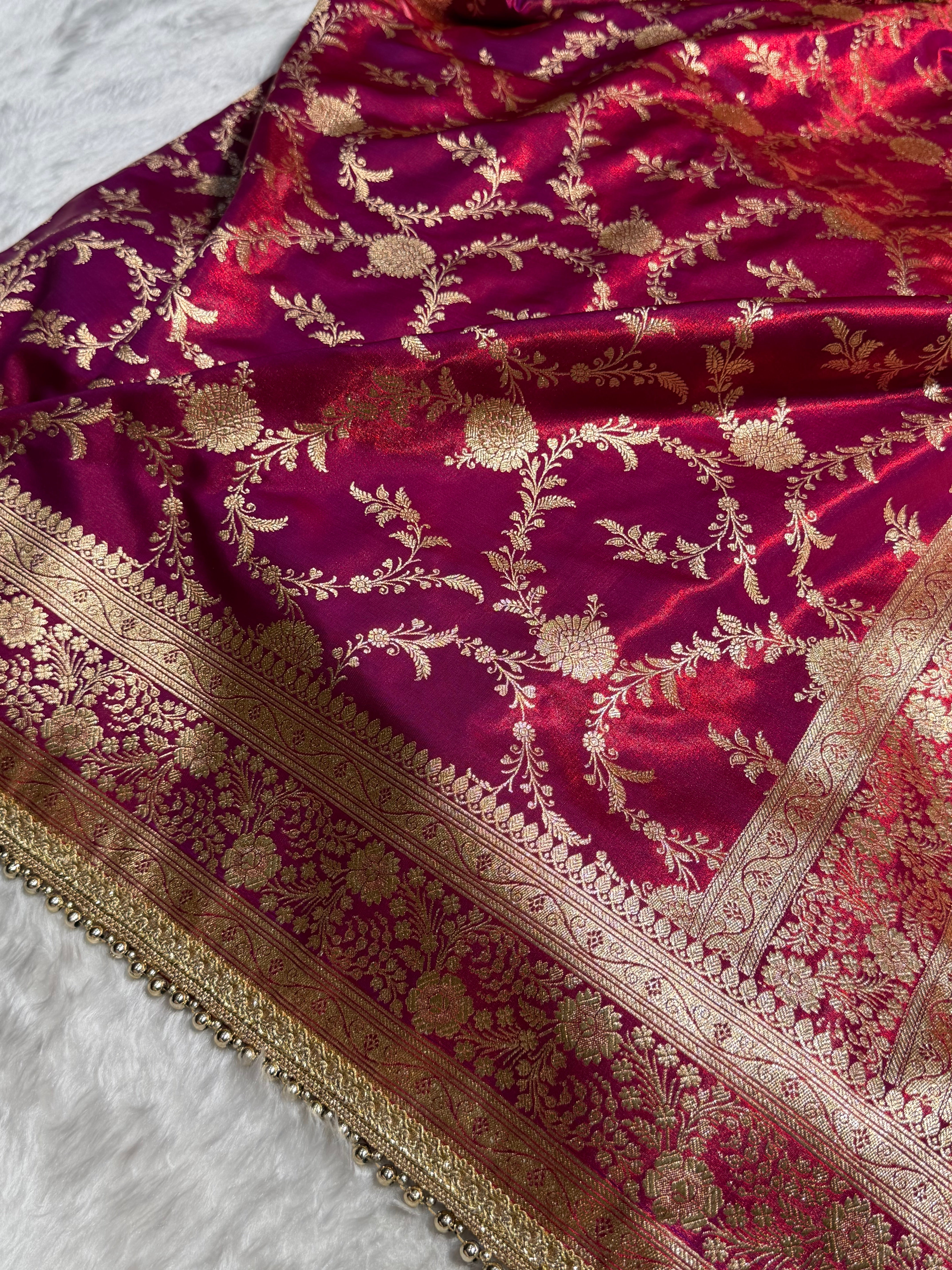 Satin Silk Banarasi Jaal In Reddish Magenta Shades With Gotta Patti  SSGP14