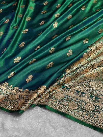Cross Green Shades Floral Booti Motif Satin Katan Silk saree SK61