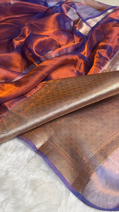 Rustic Royal Blue Shades Pure Tissue Silk Saree with Brocade Blouse PT-09